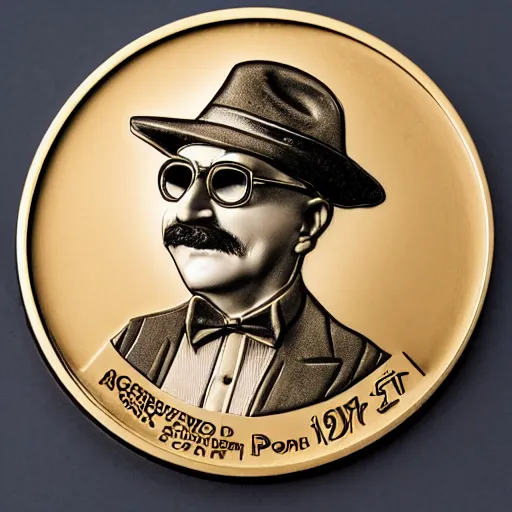 Image similar to A photograph of a high quality swiss chocolate coin that is engraved with a portrait of leon redbone wearing a cap from 1975, highly detailed, close-up product photo, depth of field, sharp focus, appetizing, foil nearby