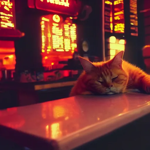 Image similar to An orange tabby cat sleeping on a counter at a cyberpunk diner at night, atmospheric neon lighting, beautiful, etherial, realistic,