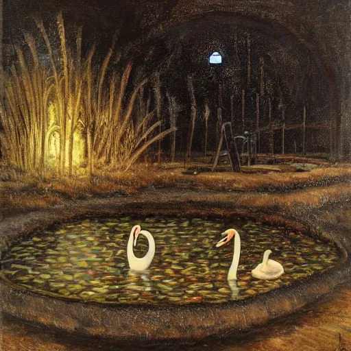 Prompt: painting hr giger tent in a landscape, swans in a pond, floral ornaments light beams night, tomas sanchez