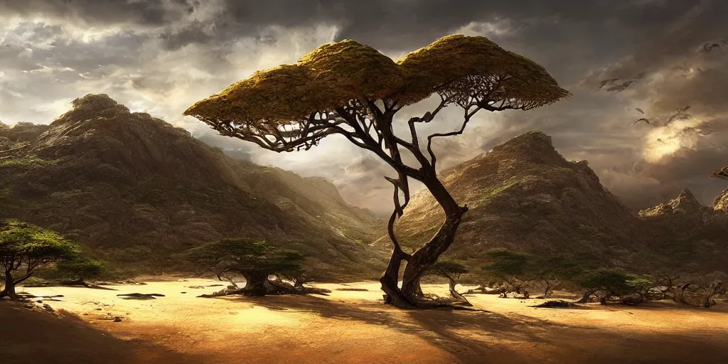 Prompt: Lively landscape of a socotra island filled with socotra dragon trees realistic detailed digital art by Maxwell Boas Jessica Rossier Christian Dimi