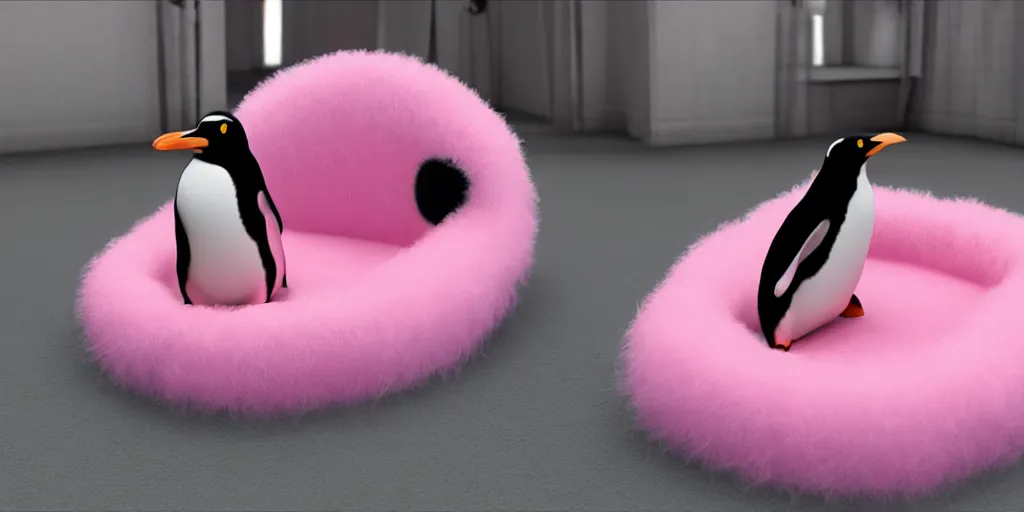 Prompt: realistic penguin in an pink fluffy bed, unreal 5