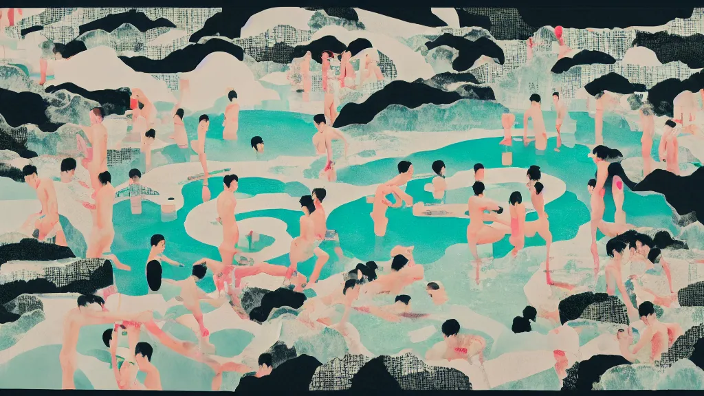 Image similar to japan natural hot spring, a collage painting, in the style of wes anderson, lola dupre, david hockney, isolated on negative white space background dark monochrome neon spraypaint accents volumetric octane render