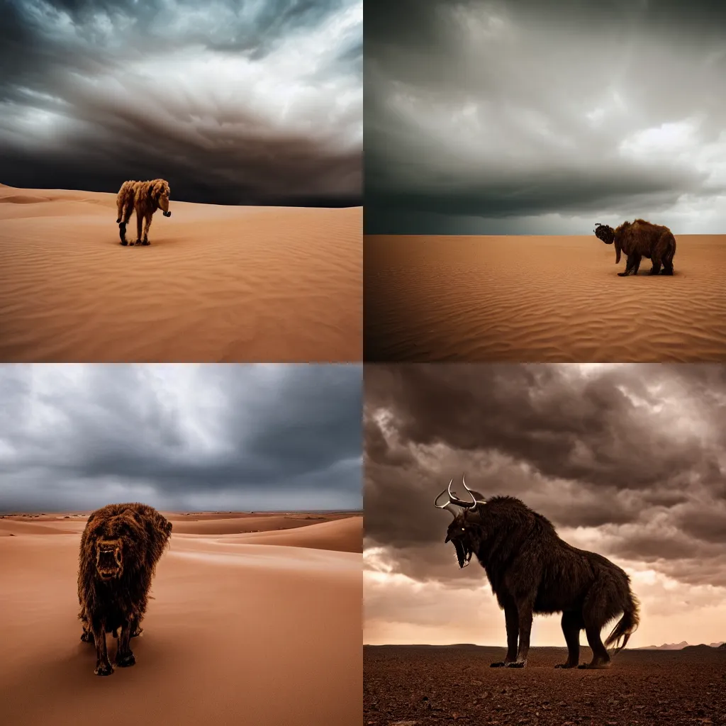 Prompt: Professional Photography Of A Giant Beast In A Desert, 4K, Stormy, Cloudy