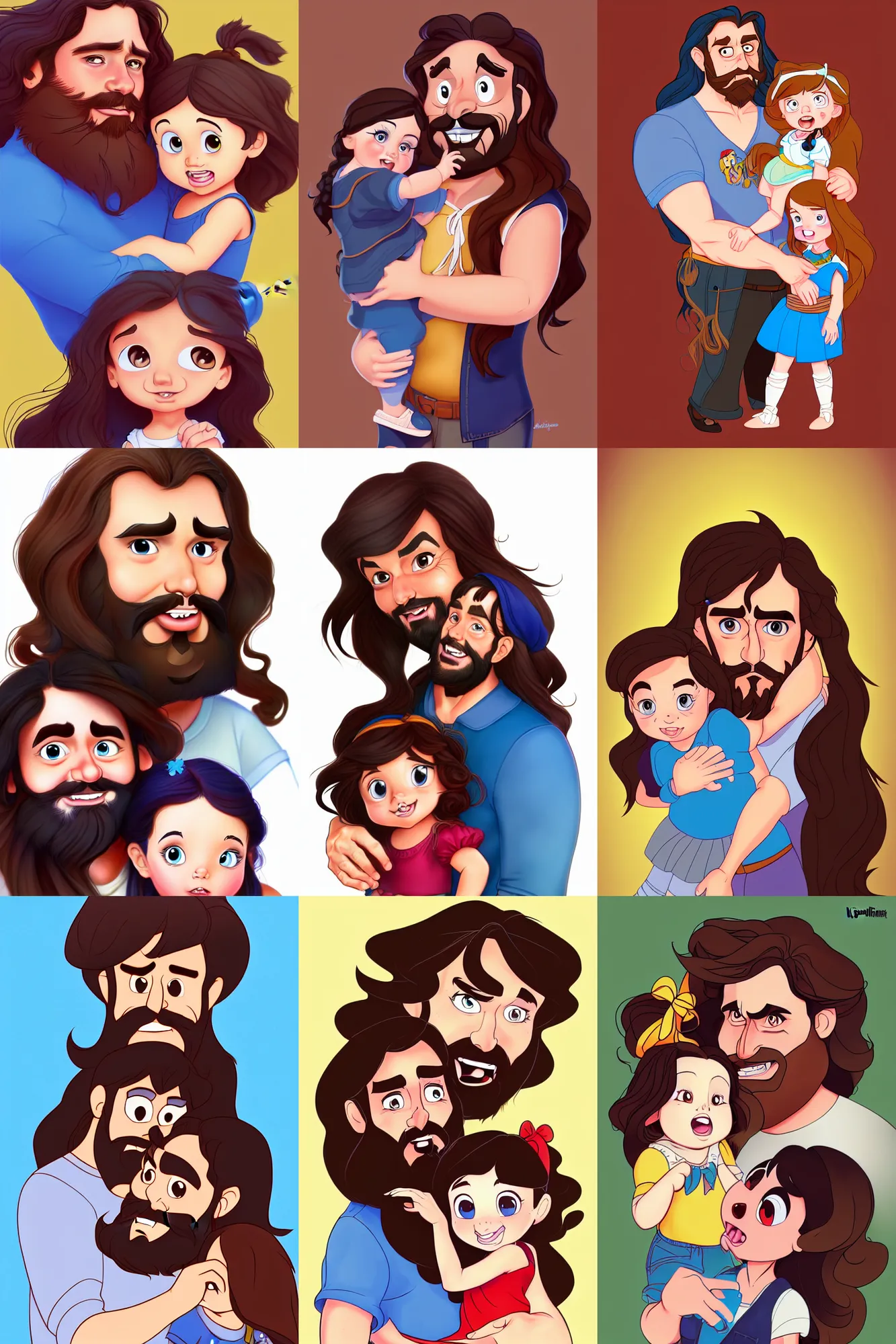 Image similar to a long - haired bearded father and his cartoonish brunette child toddler girl full color digital illustration in the style of don bluth, artgerm, artstation trending, 4 k