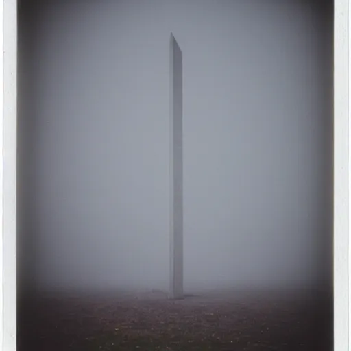 Image similar to very tall concrete sculpture reaching into the fog, expired film, old polaroid, night, megalophobia,