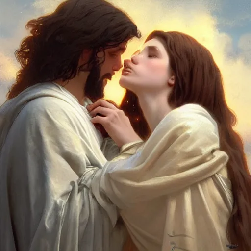 Prompt: jesus kissing a maria maddalena, intricate, elegant, highly detailed, digital painting, artstation, concept art, matte, sharp focus, illustration, art by artgerm and greg rutkowski and alphonse mucha