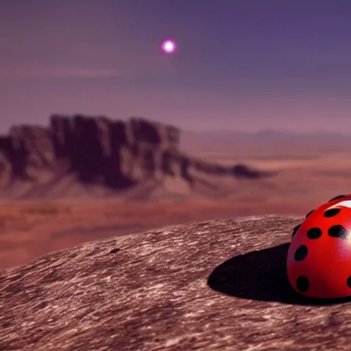 Prompt: promotional still wide angle, a mountain - sized ladybug roams a barren wasteland, dramatic lighting, ( e. t. the extra - terrestrial ), batteries not included, harry potter, octane 3 d render, imax, 7 0 mm.