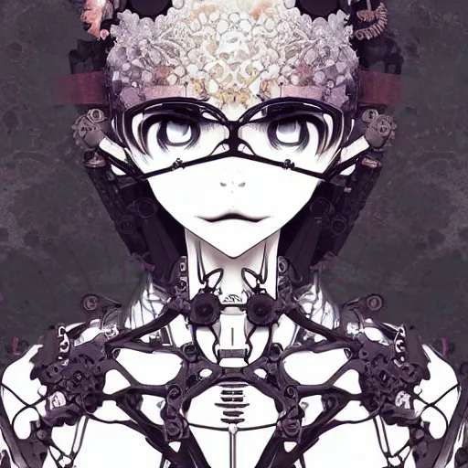 Image similar to surreal manga anime photo portrait of complex bio-mechanical beautiful young female skeletal cyborg with a Mandelbrot fractal steampunk metal fine lace face, retrofuturistic depressing, floral foliage super big lace collar, rococo, steampunk, 8k