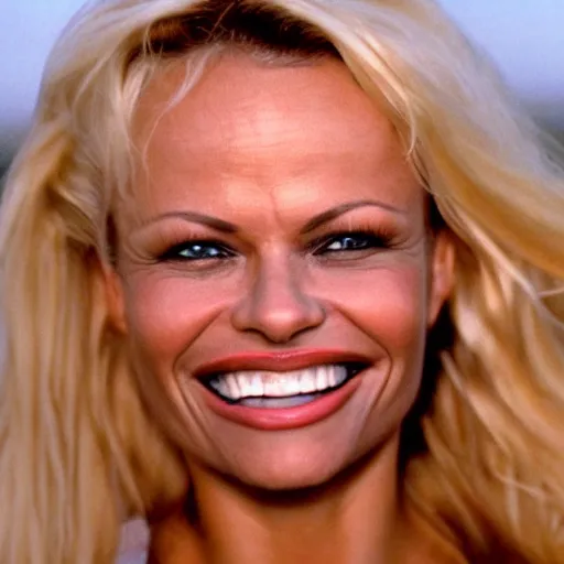 Prompt: a cinematic film still of Pamela Anderson, she is smiling and she has large buck teeth, portrait, 40 mm lens, shallow depth of field, split lighting, cinematic n-6