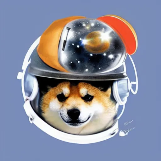 Image similar to a Shiba Inu wearing an astronaut helmet, surrounded by cosmic space