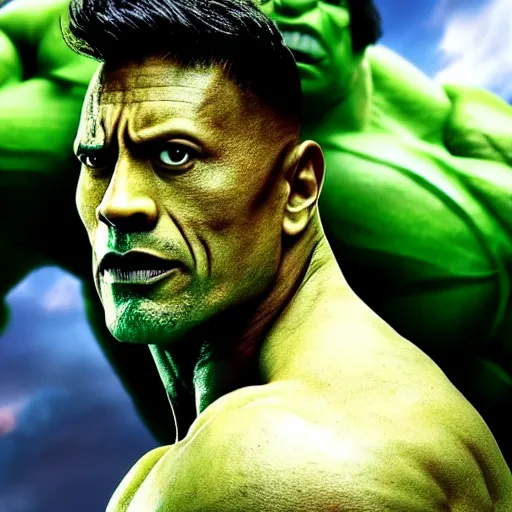 Image similar to dwayne johnson as hulk, marvel cinematic universe, mcu, 4 k, raw, unedited, green skin, symmetrical balance, in - frame,