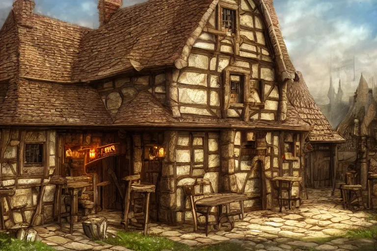 Image similar to A tiny medieval tavern viewed from the outside, texture, intricate, details, highly detailed, masterpiece, architecture, building, trending on artstation, focus, sharp focus, concept art, digital painting, fantasy, sunny, day, midday