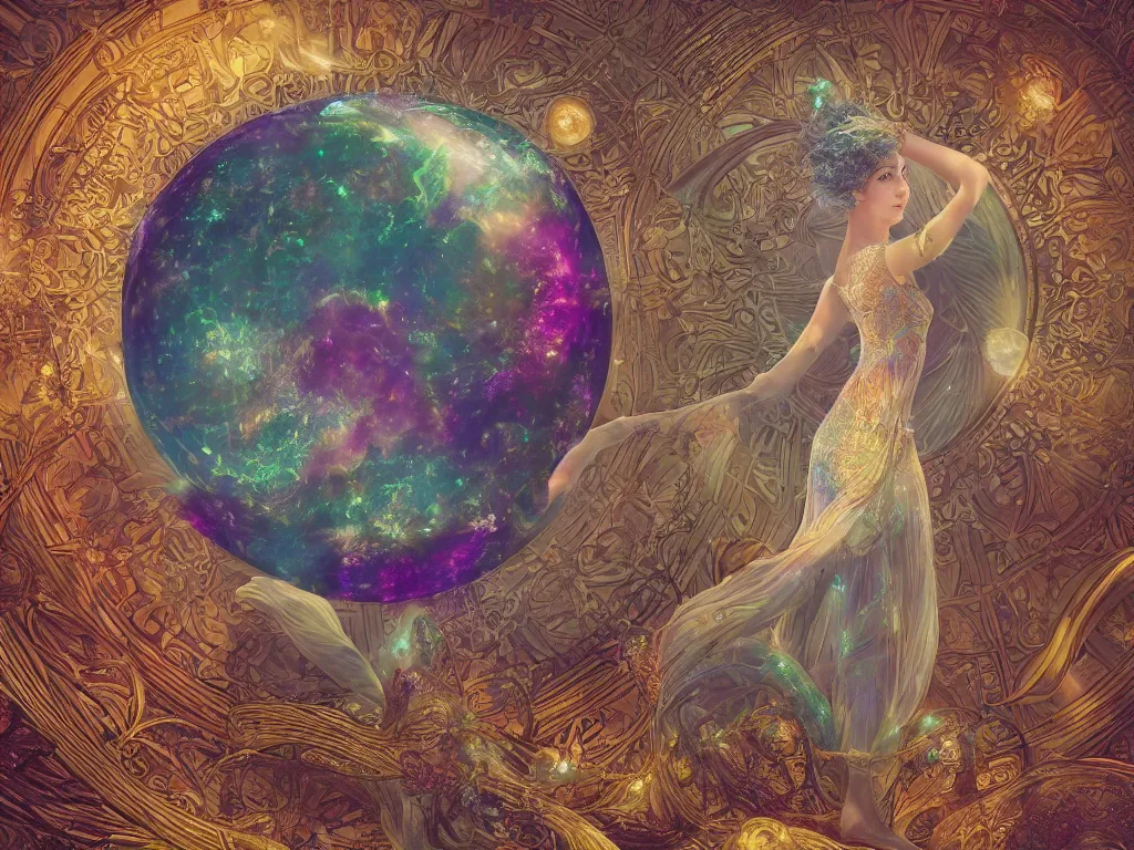 Prompt: the orb of eternity, sunlight study, art nouveau, by hans zatzka and ( ( ( ( lisa frank ) ) ) ), 8 k, sharp focus, octane render, ( ( ( kauai ) ) )