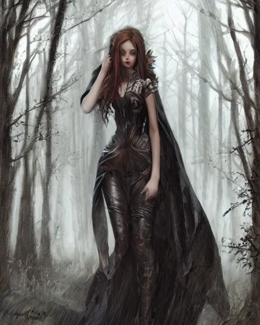 Image similar to a beautiful female, 8 k, hyperrealistic, hyperdetailed, modern clothes full length body, dark fantasy, dark wood, rain, wolves, fantasy portrait by laura sava