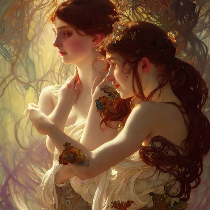 Image similar to Lyra and her dæmon, LSD, diffuse lighting, fantasy, intricate, elegant, highly detailed, lifelike, photorealistic, digital painting, artstation, illustration, concept art, smooth, sharp focus, art by John Collier and Albert Aublet and Krenz Cushart and Artem Demura and Alphonse Mucha