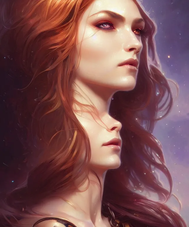 Image similar to fantasy magic woman portrait, sci-fi, amber eyes, face, long hair, fantasy, intricate, elegant, highly detailed, digital painting, artstation, concept art, smooth, sharp focus, illustration, art by artgerm and greg rutkowski and alphonse mucha