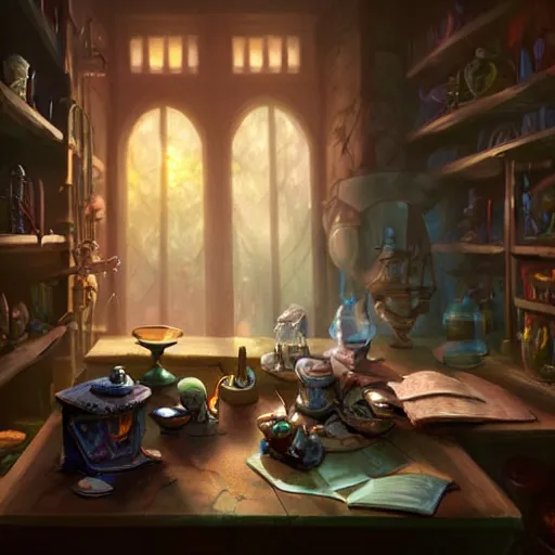 Image similar to hyper realistic, table, wizards laboratory, lisa parker, tony sart, mortar, pestle, scales with magic powder, energy flowing, magic book, beakers of colored liquid, greg rutkowski