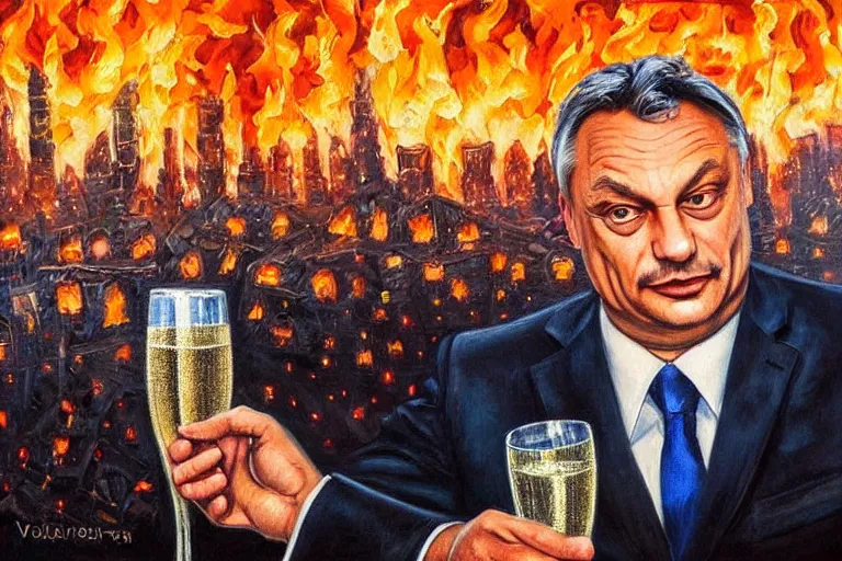 Prompt: viktor orban drinking champagne in front a burning city, highly detailed eyes, oil on canvas