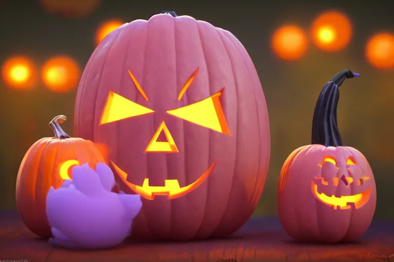 Image similar to a cute halloween pumpkin, soft texture, pastel colours, colorful, cute, pixar animation style, detailed, soft light, octane render, 4 k