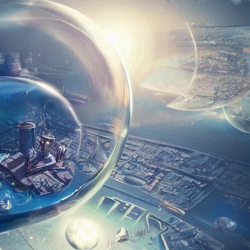 Image similar to giant city floating in a bubble in space, artstation, detailed, drawing