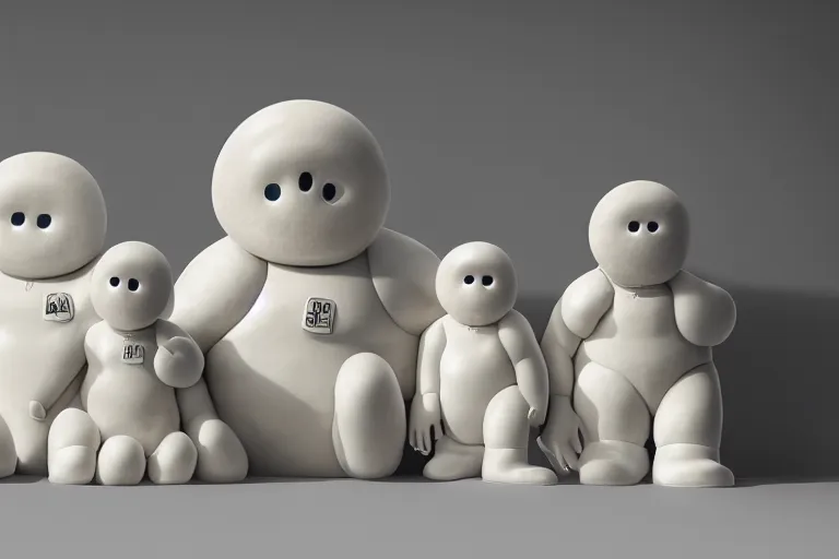 Prompt: alabaster Bibendum model, family portrait of Michelin Man, Bibendum family portrait, sculpture, photograph, studio lighting, product photography, while marble, figurine, octane render