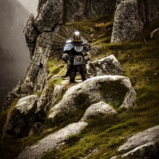 Image similar to A Dwarf clad in armor near the edge of a cliff that overlooks a small village, breathtaking shot, high details, medieval fantasy illustration, dark atmosphere