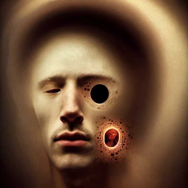 Image similar to beautiful portrait of beautiful man covered with hundred eyes inside holes, embryos, by hieronymus bosch, lucid dream - like heavy atmosphere, baroque painting, perfect composition, detailed octane render trending on artstation, 8 k artistic photography, volumetric cinematic perfect light, chiaroscuro, masterpiece, raphael, caravaggio, beksinski, rutkowski