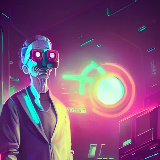 Image similar to cyberpunk rick and morty bot, cinema 4 d, galaxy space sci - fi, wearing vr goggles, illustration, portrait, pastel neon textured background night, trending on artstation, greg rutkowski, octane rendered, 1 2 k, detailed,