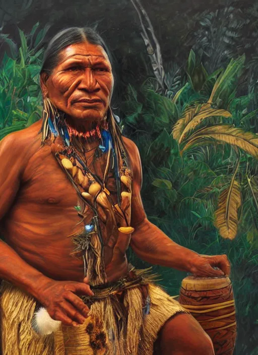 Prompt: a realistic painting of indigenous man sitting behind a shamanic drum, highly detailed, matte painting, fantasy art, ayahuasca