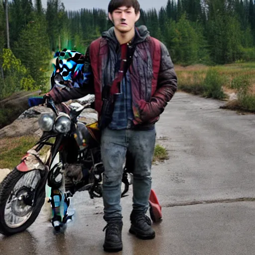 Prompt: boy from Yakutsk who is hunter and online gamer and biker and he loves cats