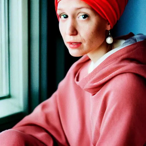 Prompt: casual photograph of a woman sitting in a studio room pensively, with the poise and appearance of the ( ( ( ( ( ( ( ( girl with a pearl earring ) ) ) ) ) ) ) ), taken in 2 0 1 9 with a digital camera, full color, head shot