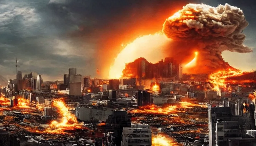 Prompt: big budget action movie about a nuclear explosion destroying a city