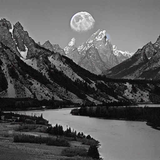 Image similar to the moon above the tetons and the snake river, by ansel adams,