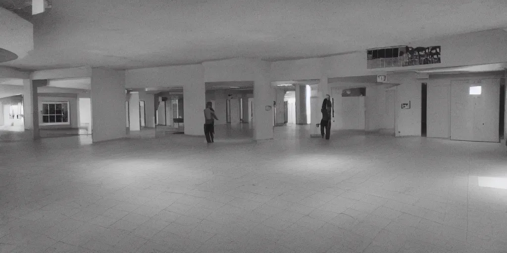 Prompt: a weird place full of people but now empty with eerie feeling, disposable colored camera, camera flash, house, mall, hallway, playground, office