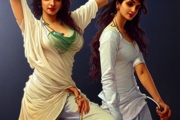 Image similar to sensual pale beautiful indian doctor in jeans with stethoscope, art deco portrait, elegant, intricate, digital painting, artstation, concept art, smooth, sharp focus, illustration, art by artgerm and greg rutkowski and alphonse mucha