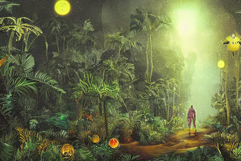 Image similar to digital art of a surreal jungle, astronaut walking, mysterious crazy world, talking creatures, raining at night, fireflies