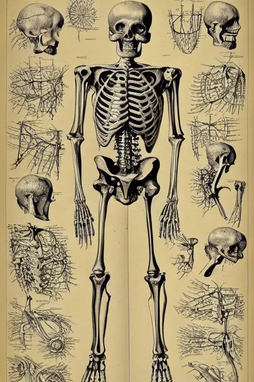 Prompt: victorian anatomical illustration of a human skeleton, photorealistic, diagram, intricate details