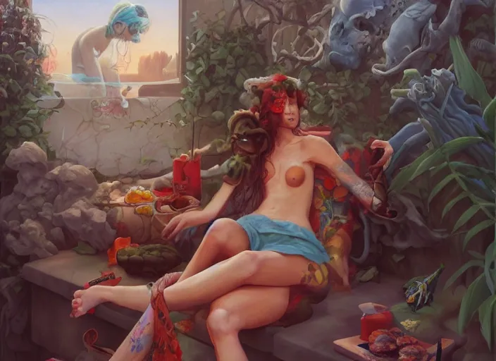 Prompt: beautiful painting of a chill day in summer, by Gerald Brom, James Jean, Krenz Cushart, Yuumei, Death Burger. trending on Artstation, 8k, masterpiece, graffiti paint, fine detail, full of color, intricate detail, golden ratio illustration