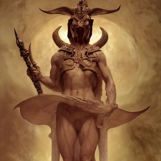 Image similar to ancient historically accurate depiction of the satanic demon by frank miller, illustration by Ruan Jia and Mandy Jurgens and William-Adolphe Bouguereau, Artgerm, 4k, digital art, surreal, space dandy style, highly detailed, godsend, artstation, digital painting, concept art, smooth, sharp focus, illustration by Ruan Jia and Mandy Jurgens and William-Adolphe Bouguereau