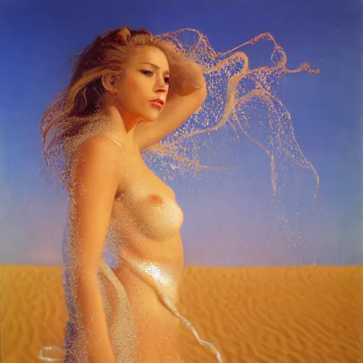 Image similar to filmstill photography of female body sulhouette covered with curly white translucent blanket blowing in wind, acrylic liquid colors, luxurious supermodel photoshooting, golden jewelry, bokeh, godrays, strong wind, wrinkles, sunrays, sunset, lens flares, monet, painting by renoir, cold colors, sand dunes, fresco by michaelangelo, art noveau