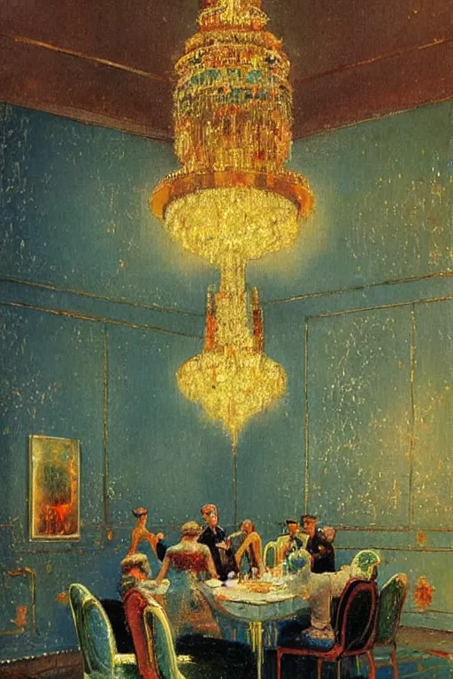 Image similar to 1920s decorated surrealist ballroom casts long exaggerated shadows, crystalline light rays refract dust, impressionst oil painting on wood, big impressionist oil paint strokes, decadent interior dinning room with centered grand crystal chandelier, symmetric 1930s dimly lit art deco interior concept art by Ivan Aivazovsky, ukiyo-e print, japanese woodblock