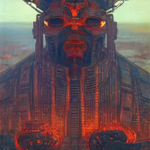 Image similar to giant mayan mecha with flaming eyes standing over city, perfectly clear face, by j. c. leyendecker and beksinski