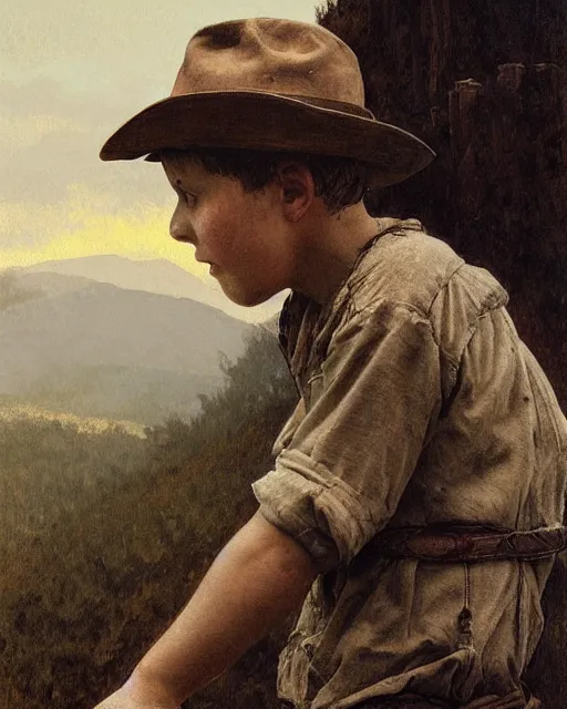 Prompt: side portrait of an Appalachian boy playing with dusty detailed features, dirt, prohibition era, Appalachian mountains, sharp focus, illustration, highly detailed, oil painting, matte, art by Greg Rutkowski and Alphonse Mucha, masterpiece