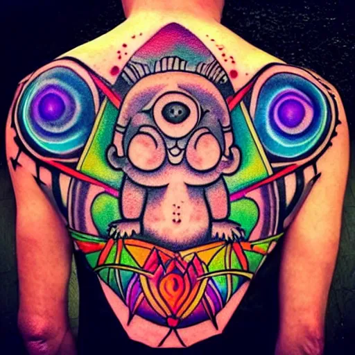 Prompt: shoulder tattoo of a meditating cute bush baby with trippy eyes and glowing multicolored chakra symbols, insanely integrate