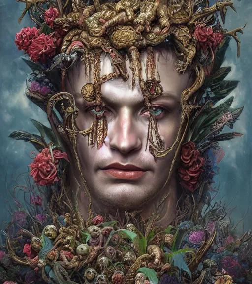 Image similar to portrait of the supreme king of the underworld, surrounded by skulls and overgrowth and dark flowers by karol bak, Tomasz Alen Kopera, James Jean, tom bagshaw, rococo, trending on artstation, cinematic lighting, hyper realism, octane render, 8k, hyper detailed.