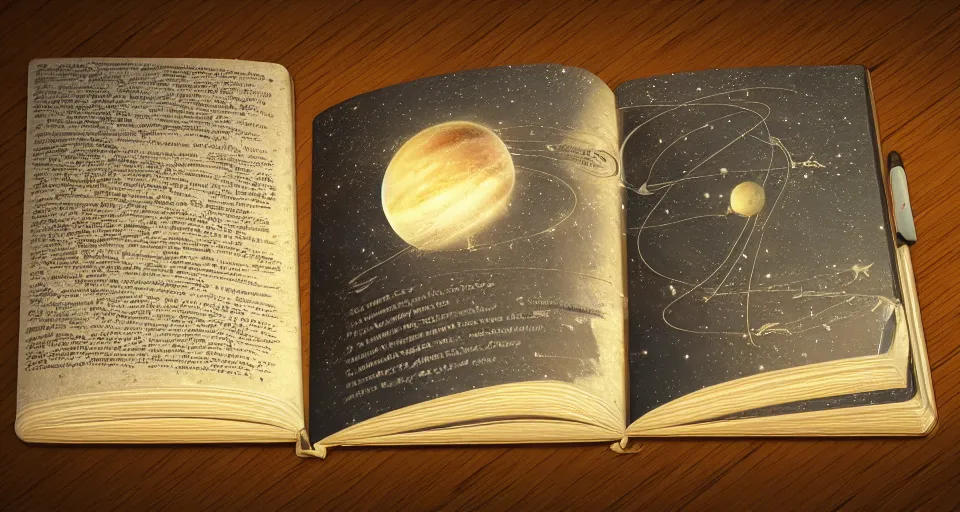 Image similar to a majestic and mystifying book about space travel, moleskin book, relic, knowledge, wisdom, secrets, travel guide, space tourism, hard cover book, adventure, hyper realistic, realistic, 8 k render, unreal engine 5 render