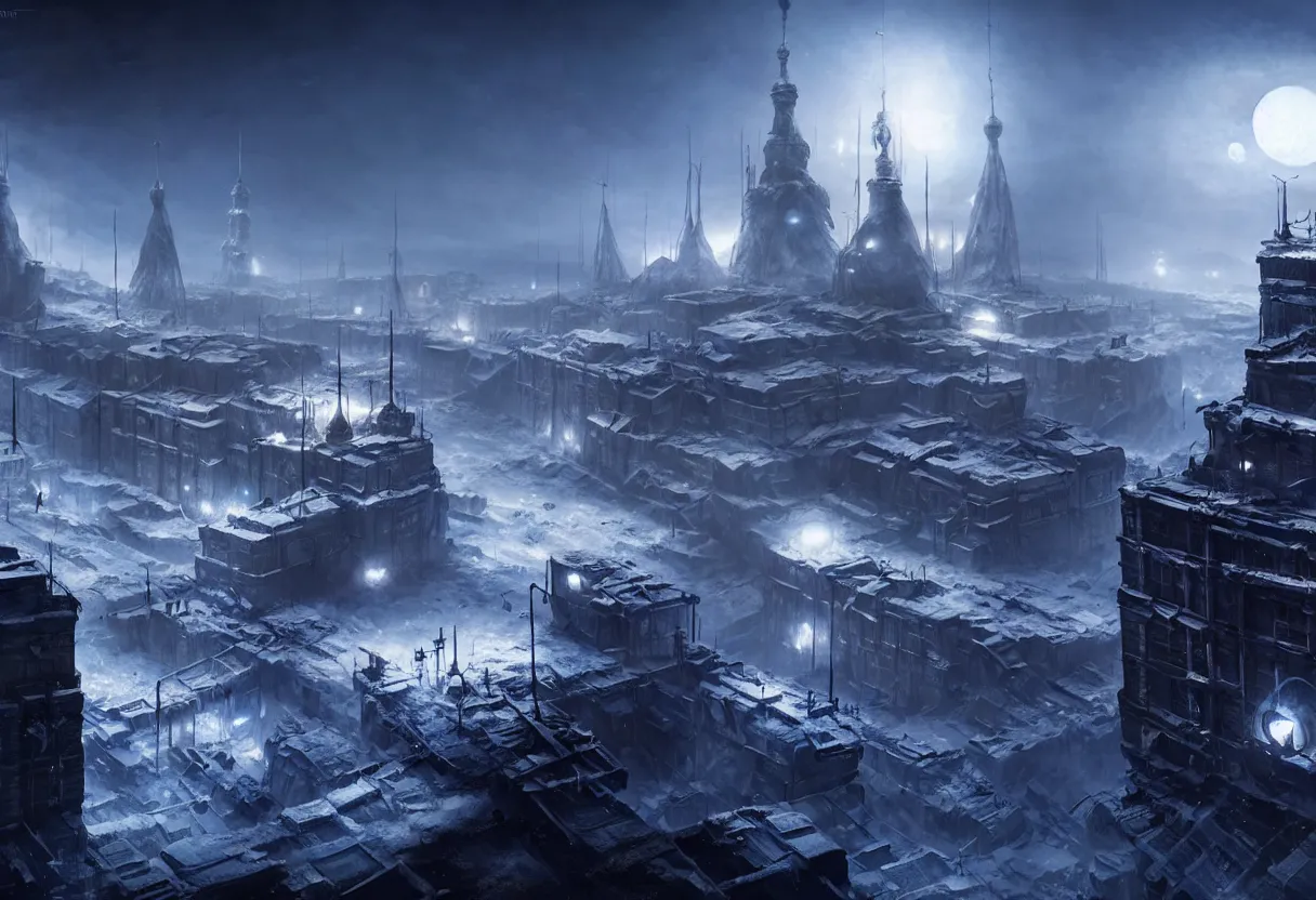 Prompt: frostpunk style concept art of russian city on the moon, matte painting, beautiful render, octane render, concept art