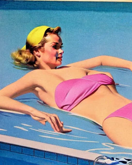 Prompt: tuesday weld swimming in a pink bikini, tuesday weld half immersed in water in a palm springs midcentury swimming pool by gil elvgren, by mort kunstler, by robert maguire