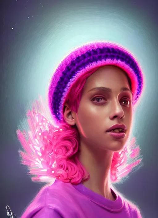 Image similar to portrait of teenage vanessa morgan with bright pink hair, vanessa morgan, curly pixie cut hair, wearing a purple breton cap, breton cap, hoop earrings, intricate, elegant, glowing lights, highly detailed, digital painting, artstation, concept art, smooth, sharp focus, illustration, art by wlop, mars ravelo and greg rutkowski