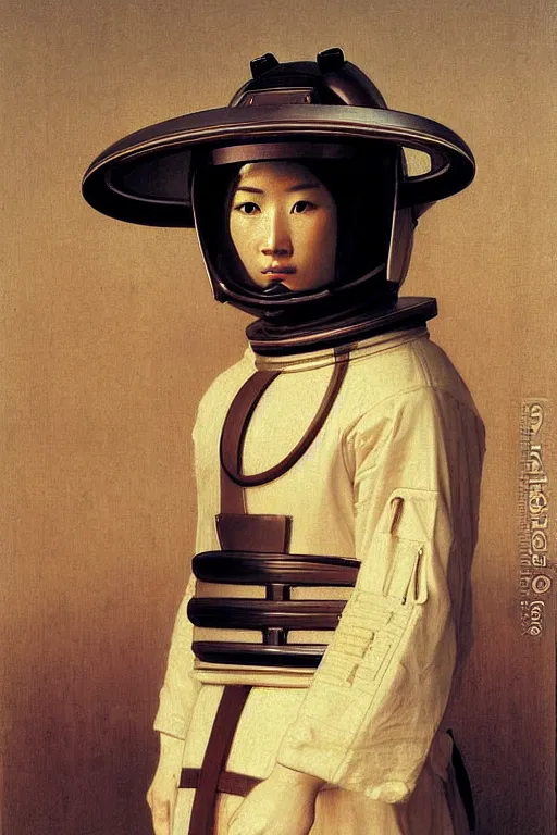Image similar to portrait of a astronaut in samurai helmets an ancient human species, single person, by bouguereau
